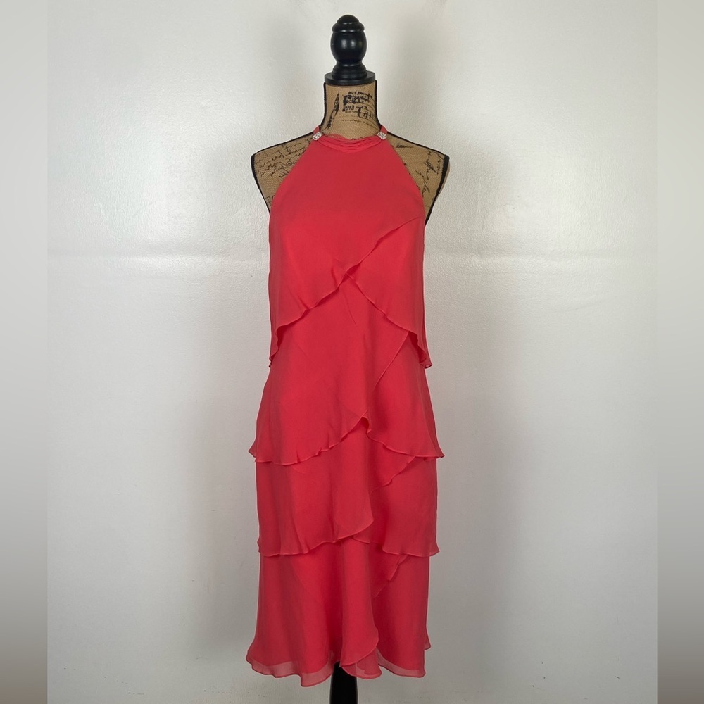 Daymore Couture Silk Layered Midi Dress Sz 10 Pink Halter Neck Rhinestone Fairy‎